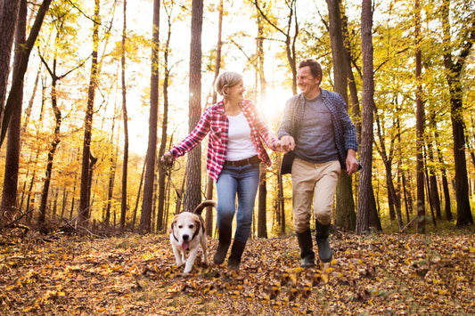 Woman and man in their 60's walking a dog in the woods in autumn